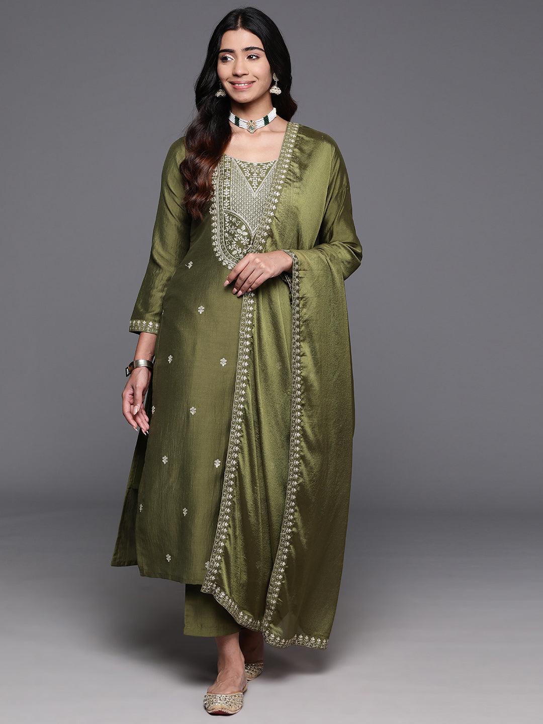 Olive Yoke Design Silk Blend Straight Kurta With Trousers & Dupatta - Libas