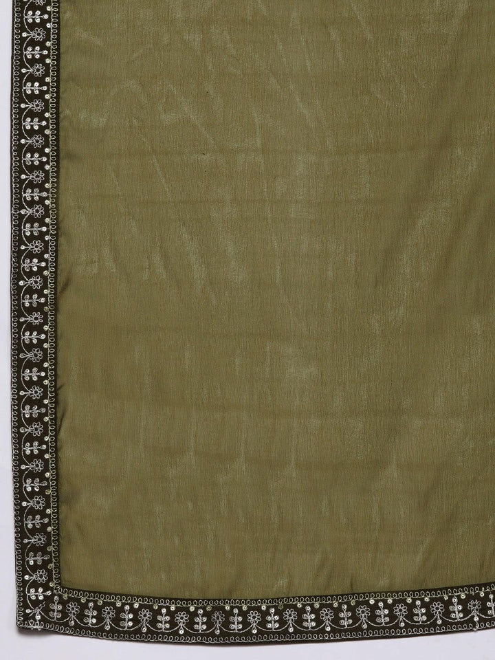 Olive Yoke Design Silk Blend Straight Kurta With Trousers & Dupatta - Libas