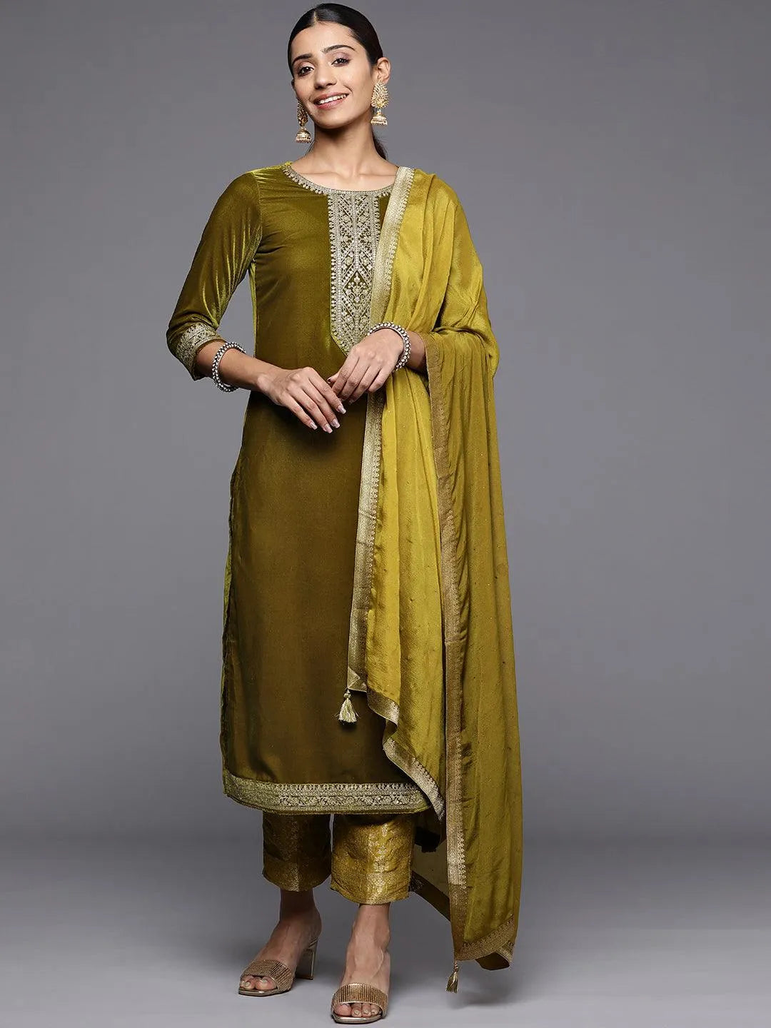 Olive Yoke Design Velvet Straight Suit Set - Libas 