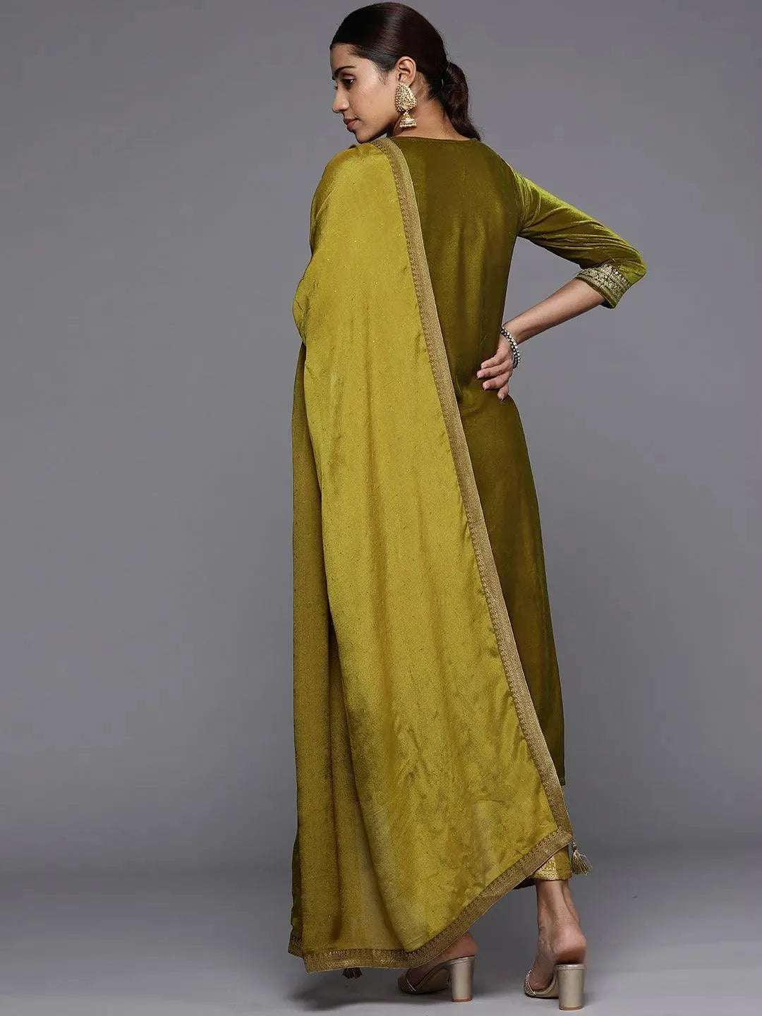 

Olive Yoke Design Velvet Straight Kurta With Dupatta