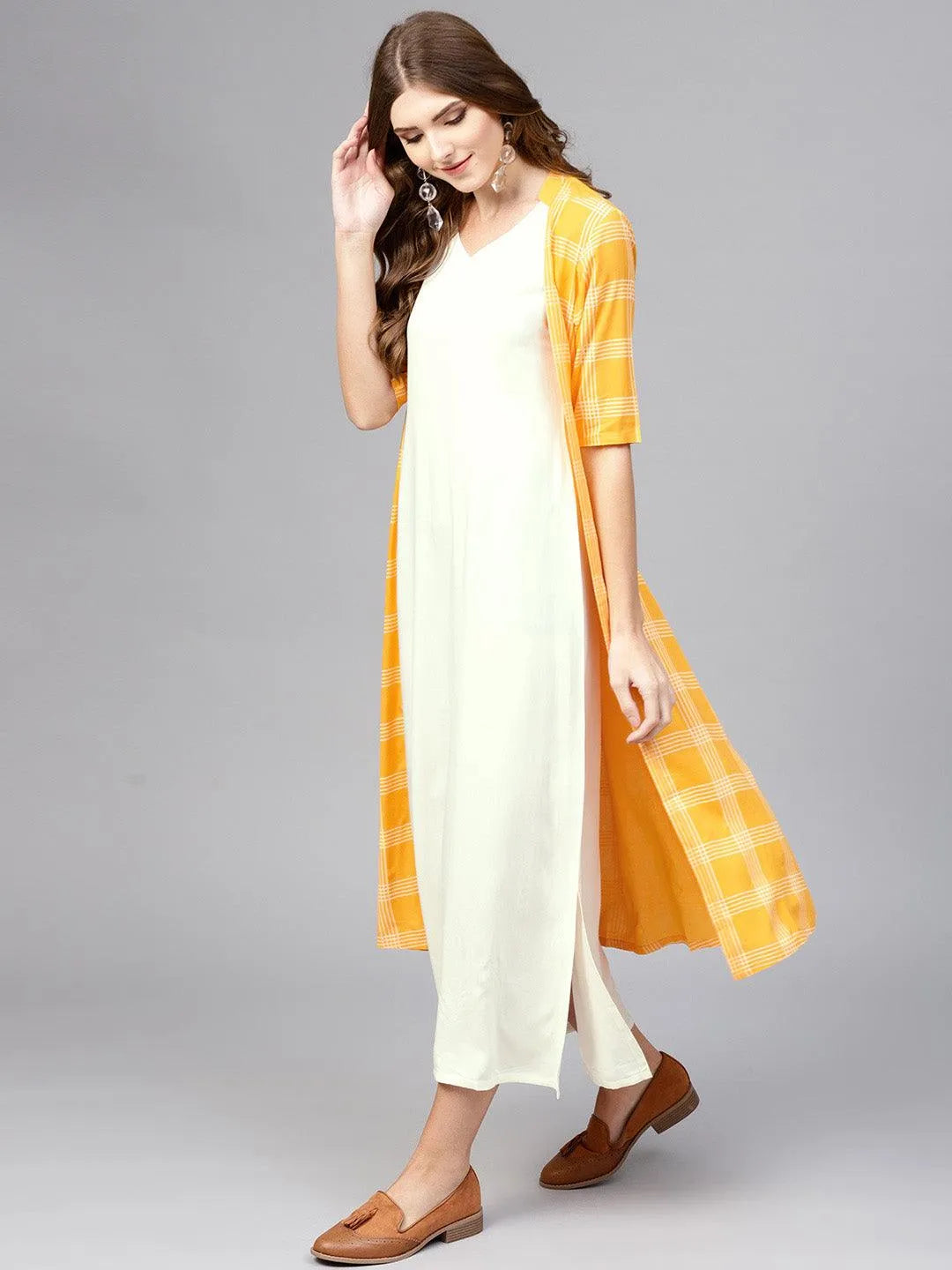 Orange Checkered Rayon Dress With Jacket - Libas 