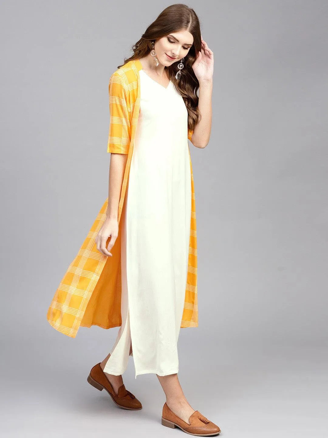 Orange Checkered Rayon Dress With Jacket - Libas 