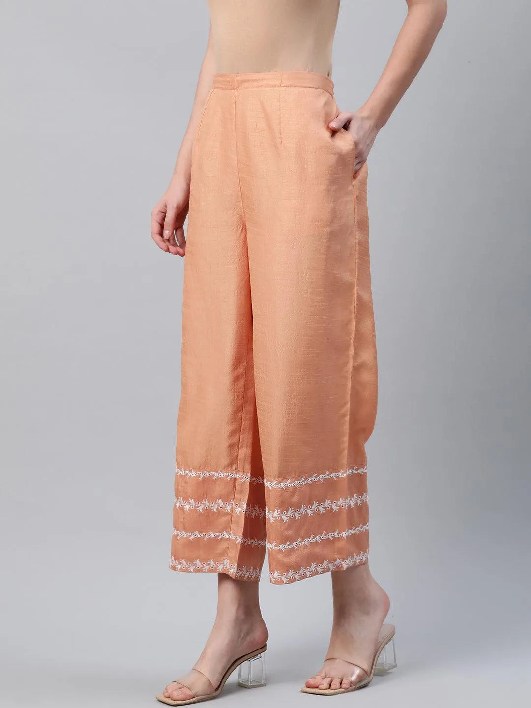 Orange Embroidered Silk Palazzos - Libas