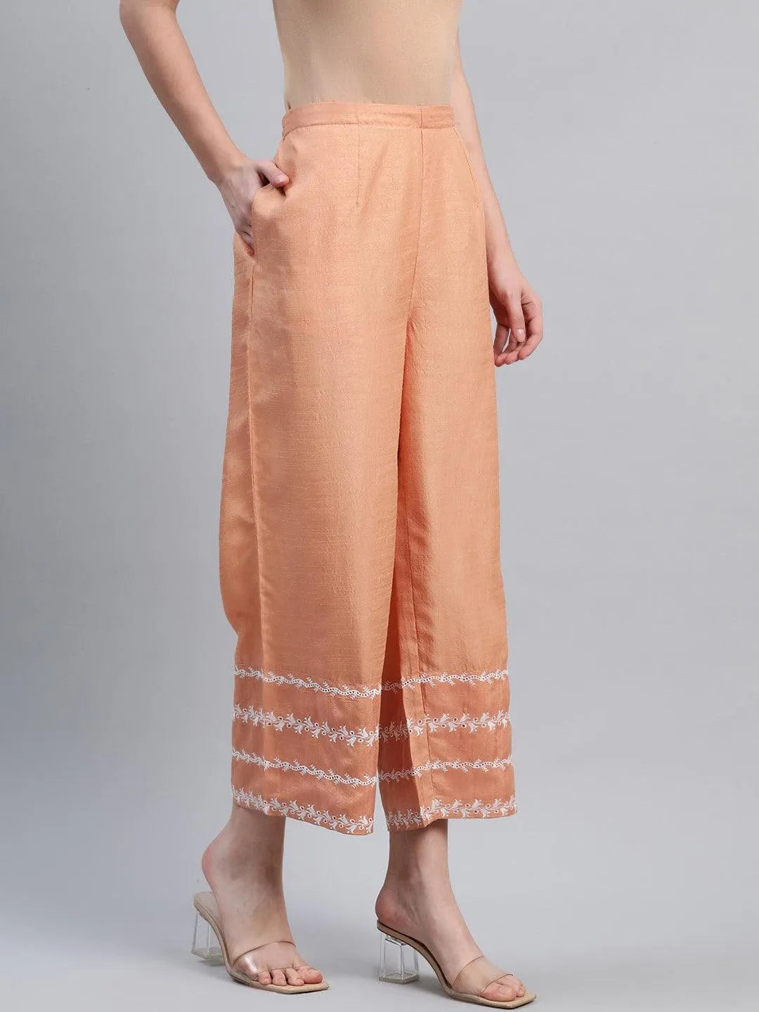 Orange Embroidered Silk Palazzos - Libas 