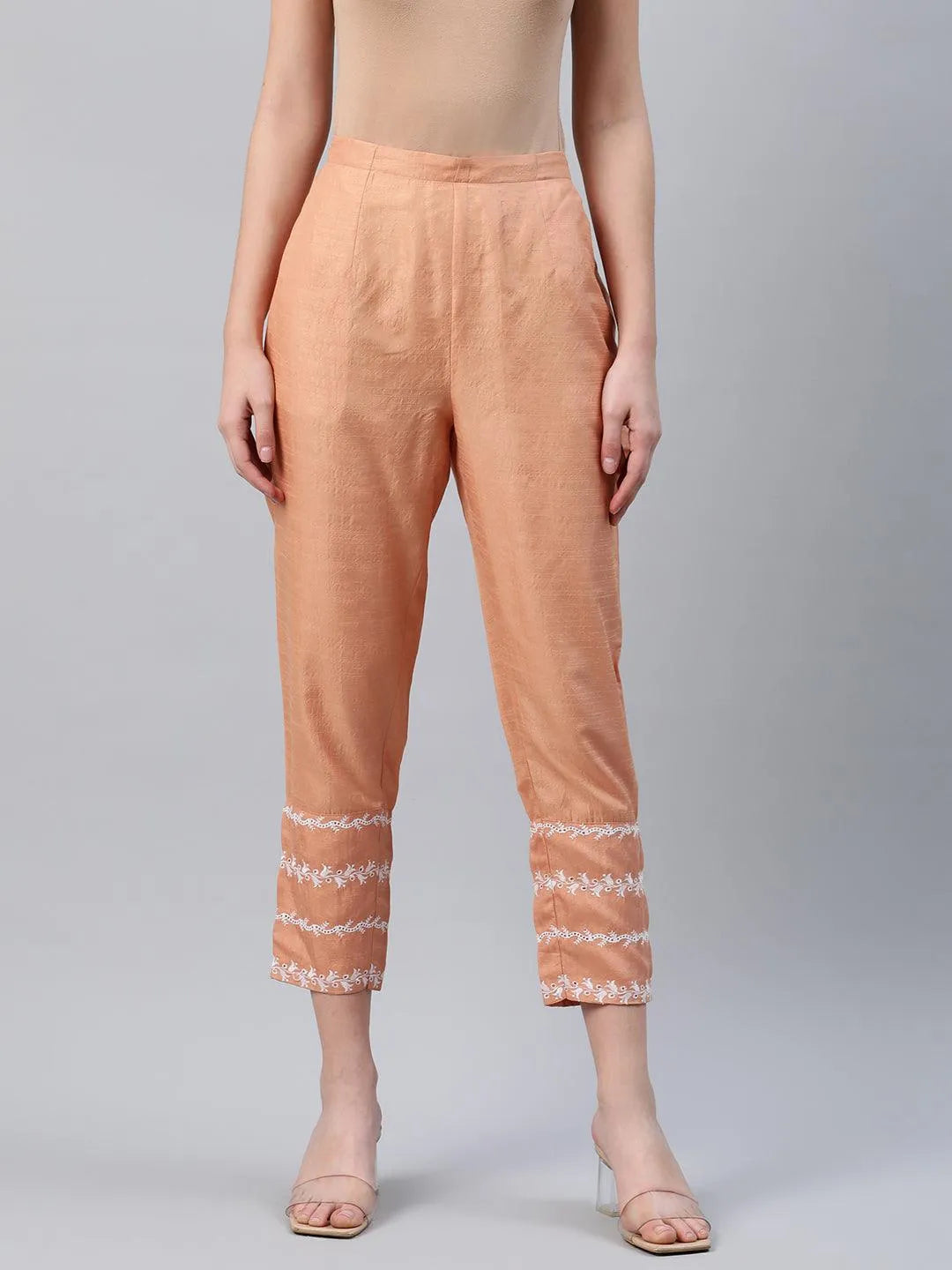 Orange Embroidered Silk Trousers - Libas