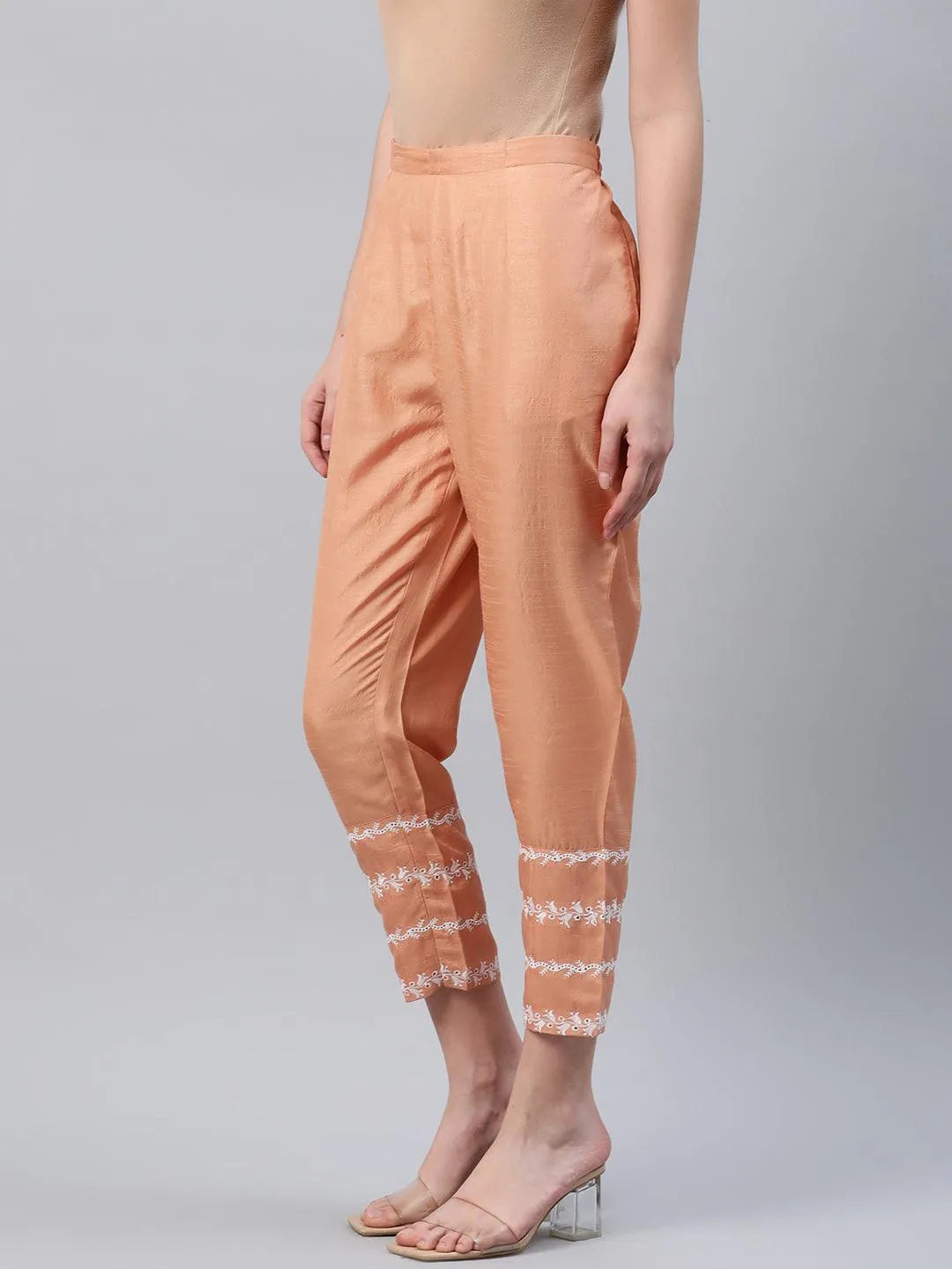 Orange Embroidered Silk Trousers - Libas 