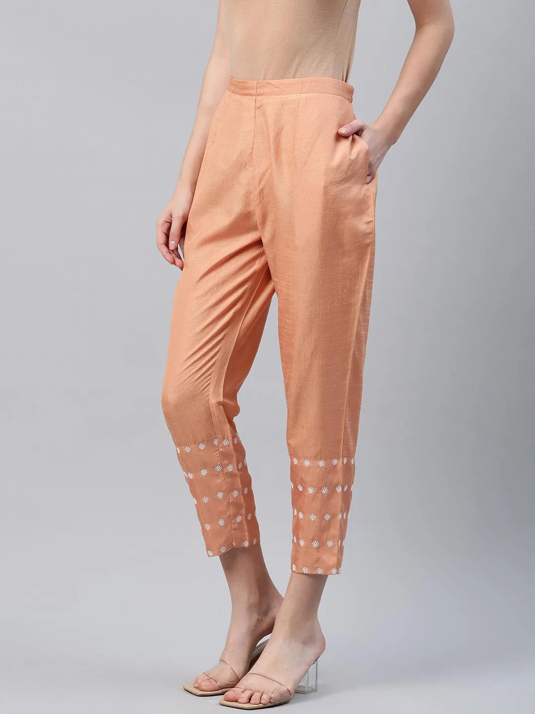 Orange Embroidered Silk Trousers - Libas 