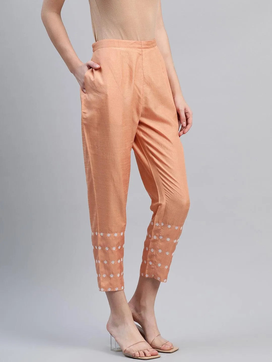 Orange Embroidered Silk Trousers - Libas