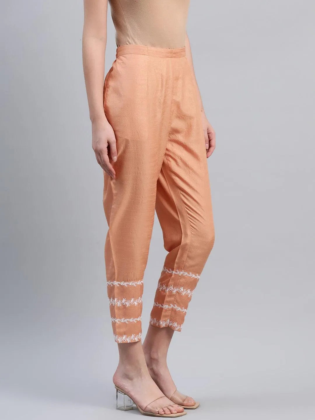 Orange Embroidered Silk Trousers - Libas 