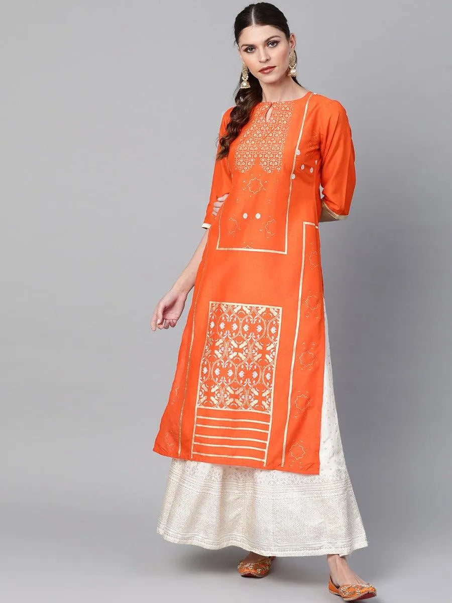 Orange Printed Chanderi Kurta - Libas