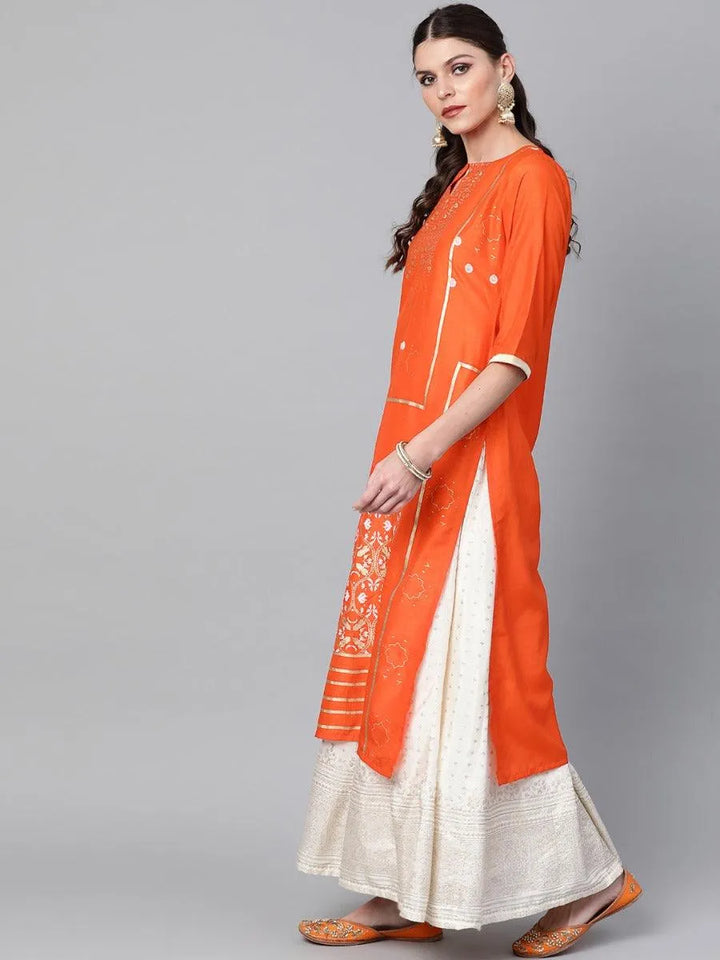 Orange Printed Chanderi Kurta - Libas