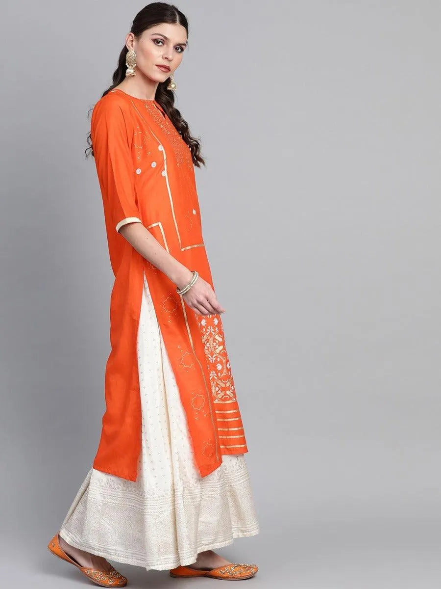 Orange Printed Chanderi Kurta - Libas