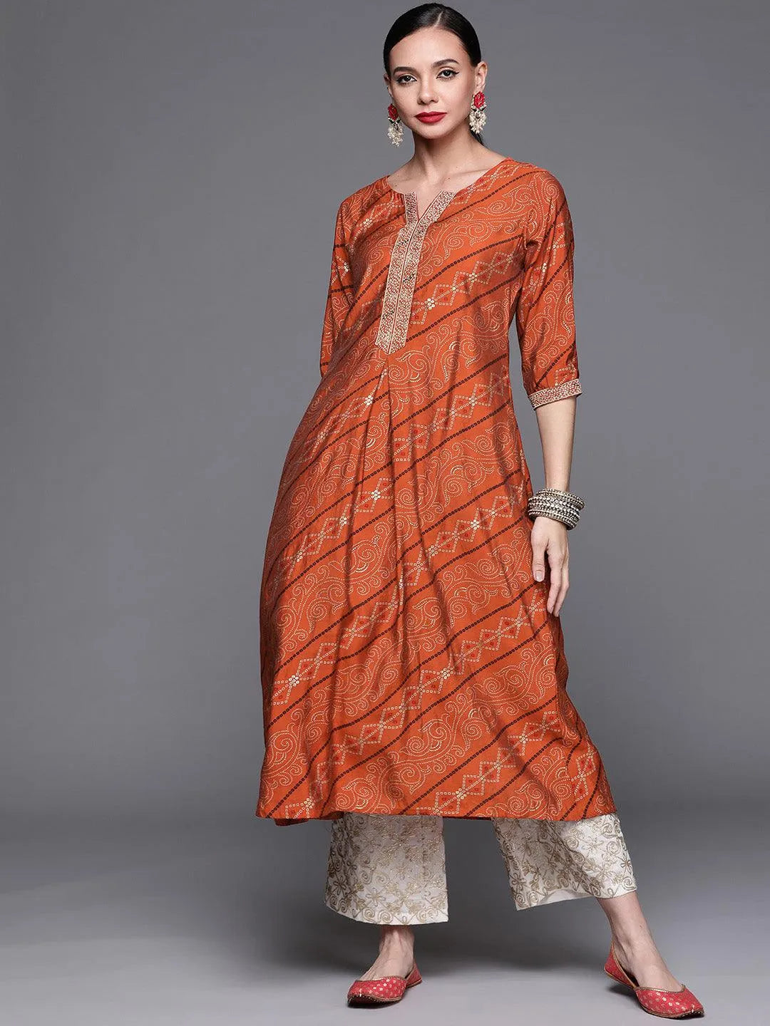 Orange Printed Chanderi Silk Kurta - Libas