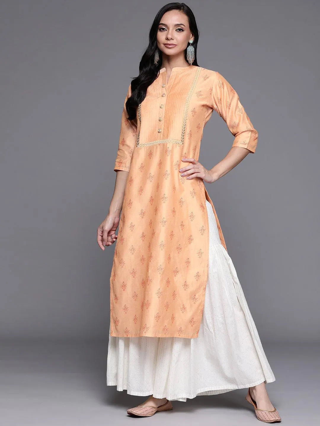 Orange Printed Chanderi Silk Kurta - Libas 