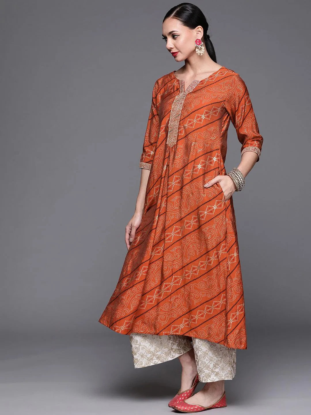 Orange Printed Chanderi Silk Kurta - Libas