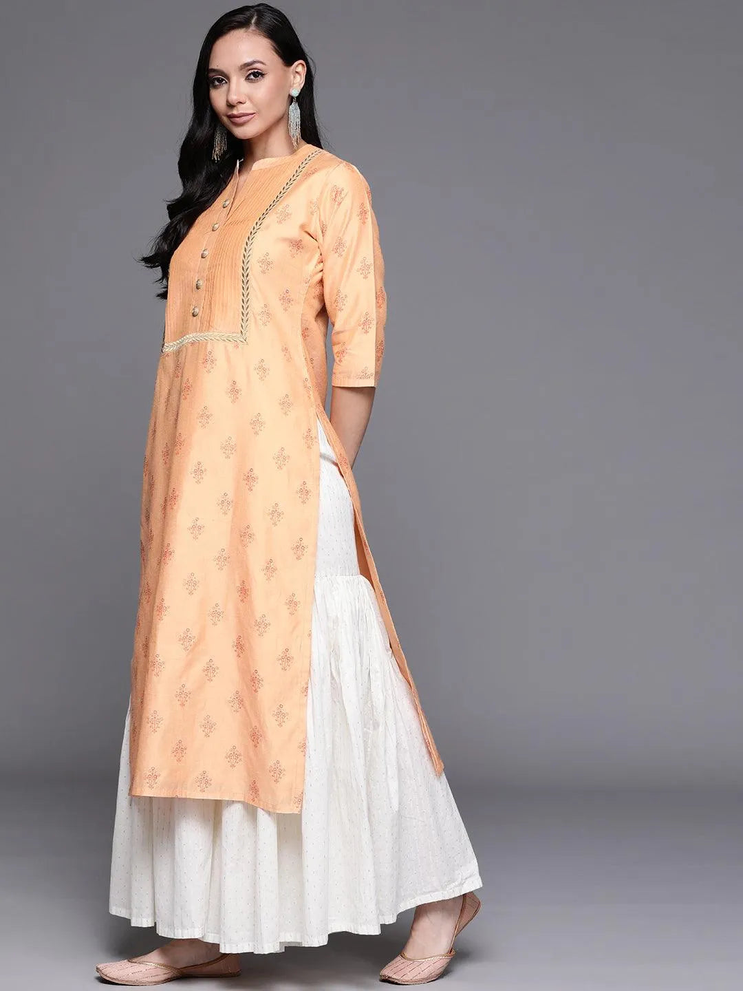 Orange Printed Chanderi Silk Kurta - Libas 