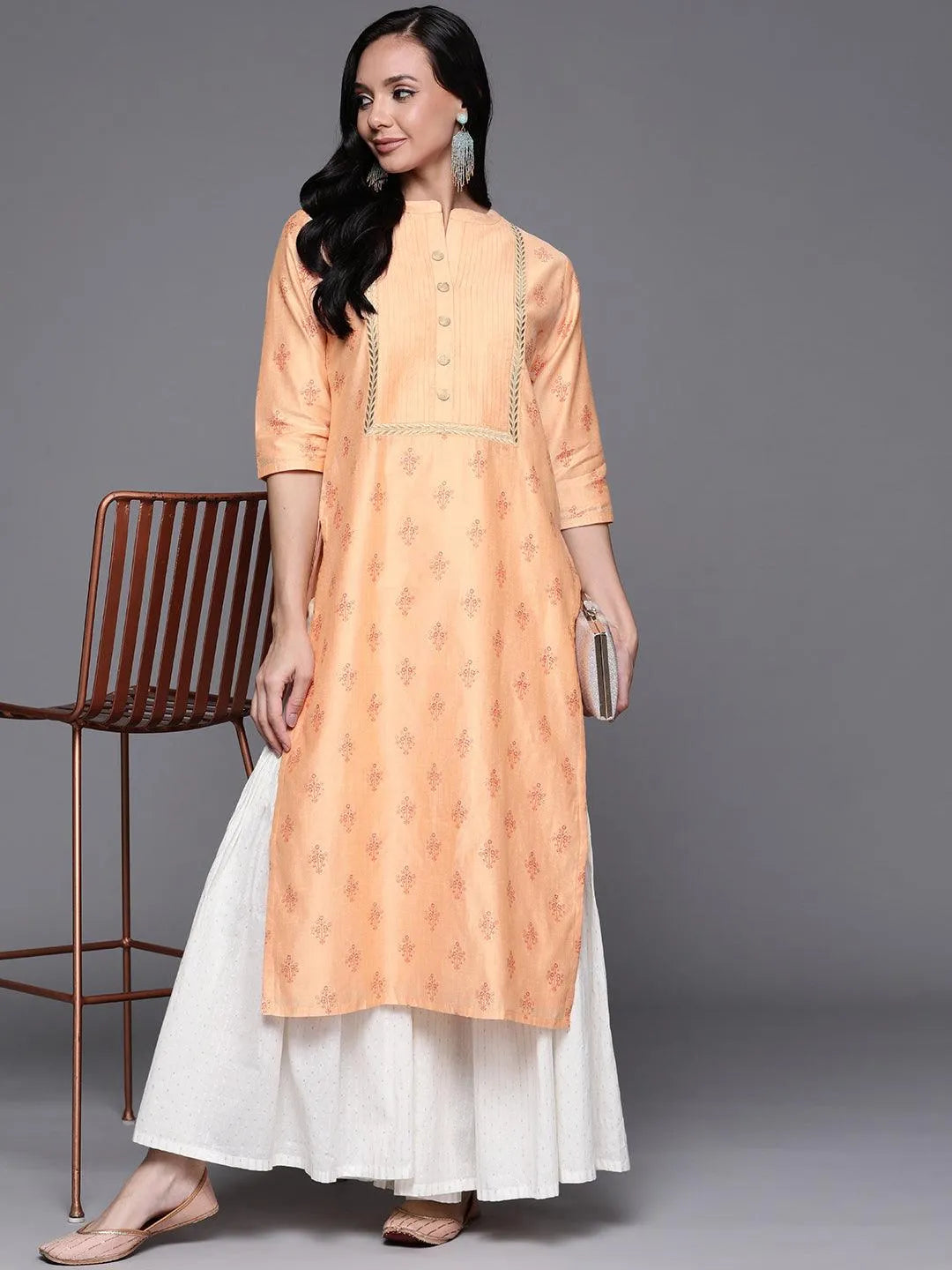 Orange Printed Chanderi Silk Kurta - Libas