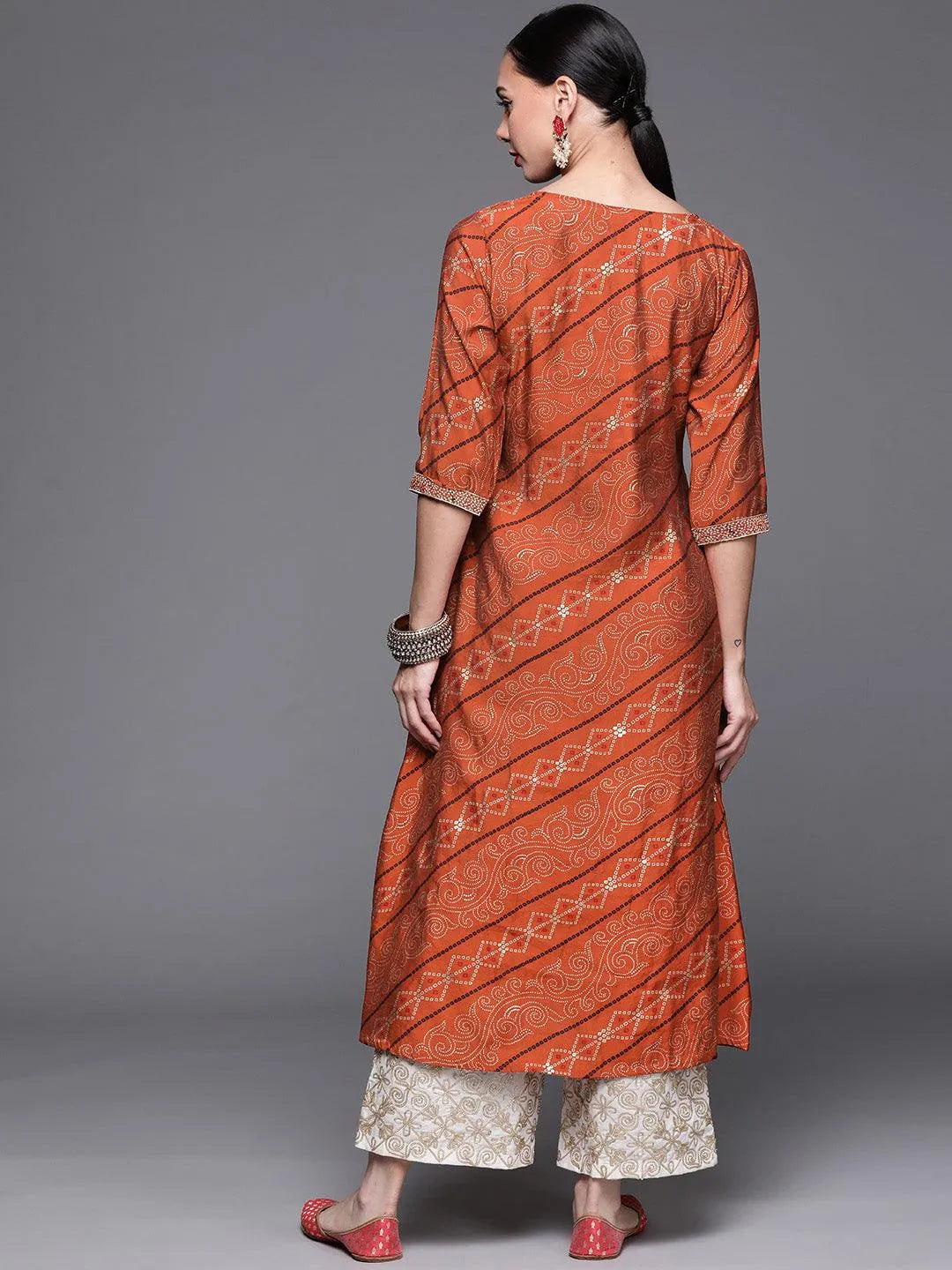 Orange Printed Chanderi Silk Kurta - Libas