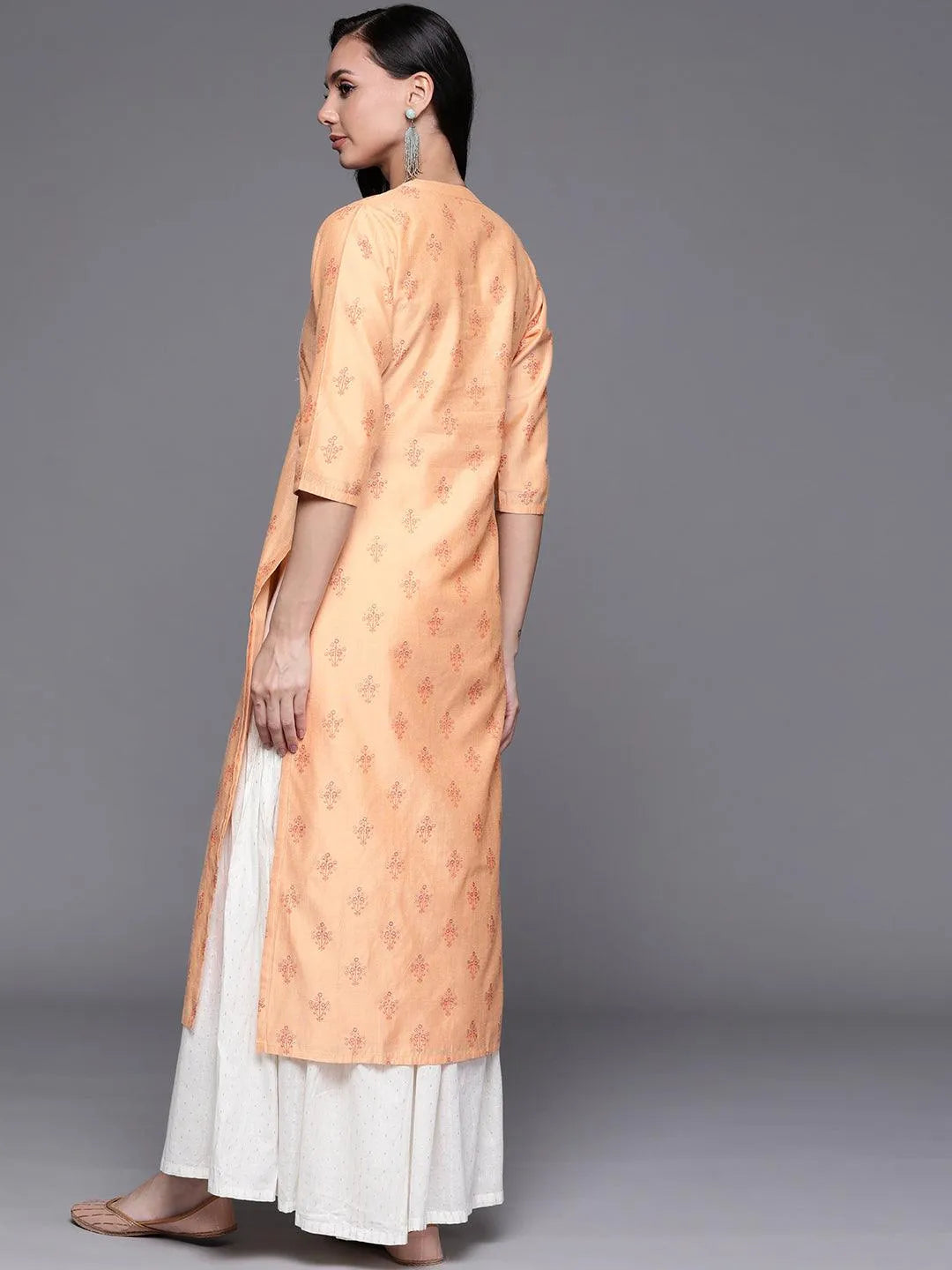 Orange Printed Chanderi Silk Kurta - Libas 