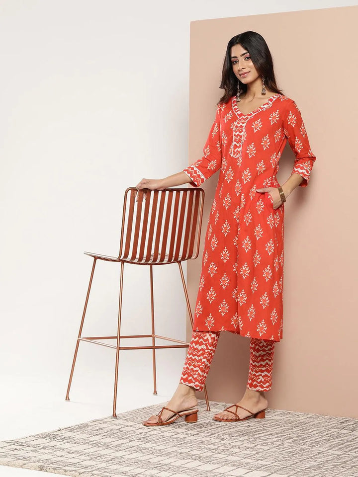 Orange Printed Cotton A-Line Kurta - Libas