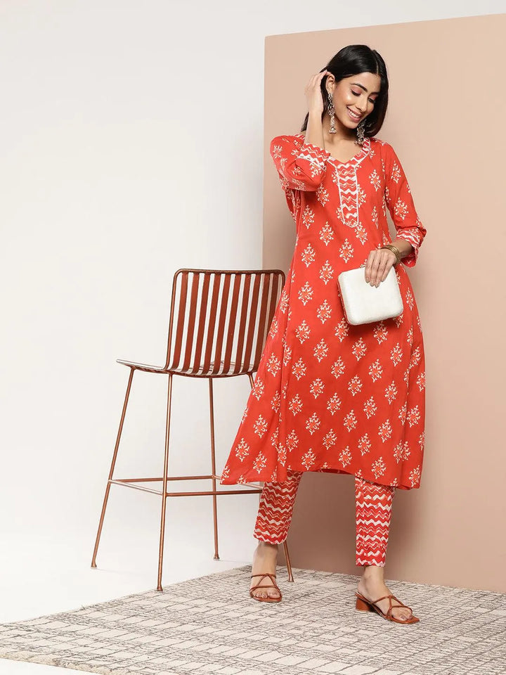 Orange Printed Cotton A-Line Kurta - Libas