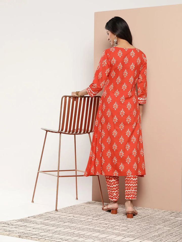 Orange Printed Cotton A-Line Kurta - Libas