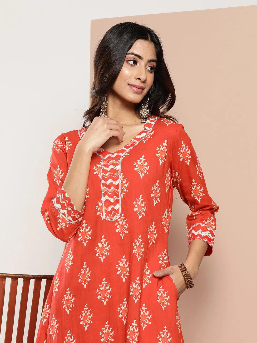 Orange Printed Cotton A-Line Kurta - Libas