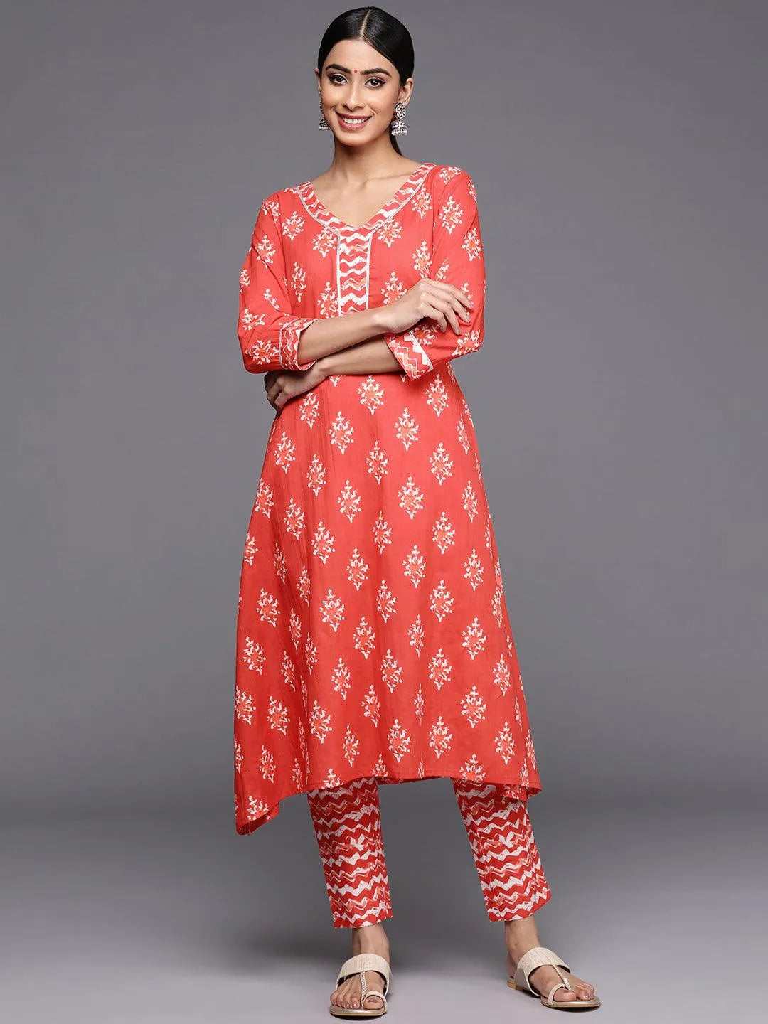 Orange Printed Cotton A-Line Kurta Set With Trousers - Libas