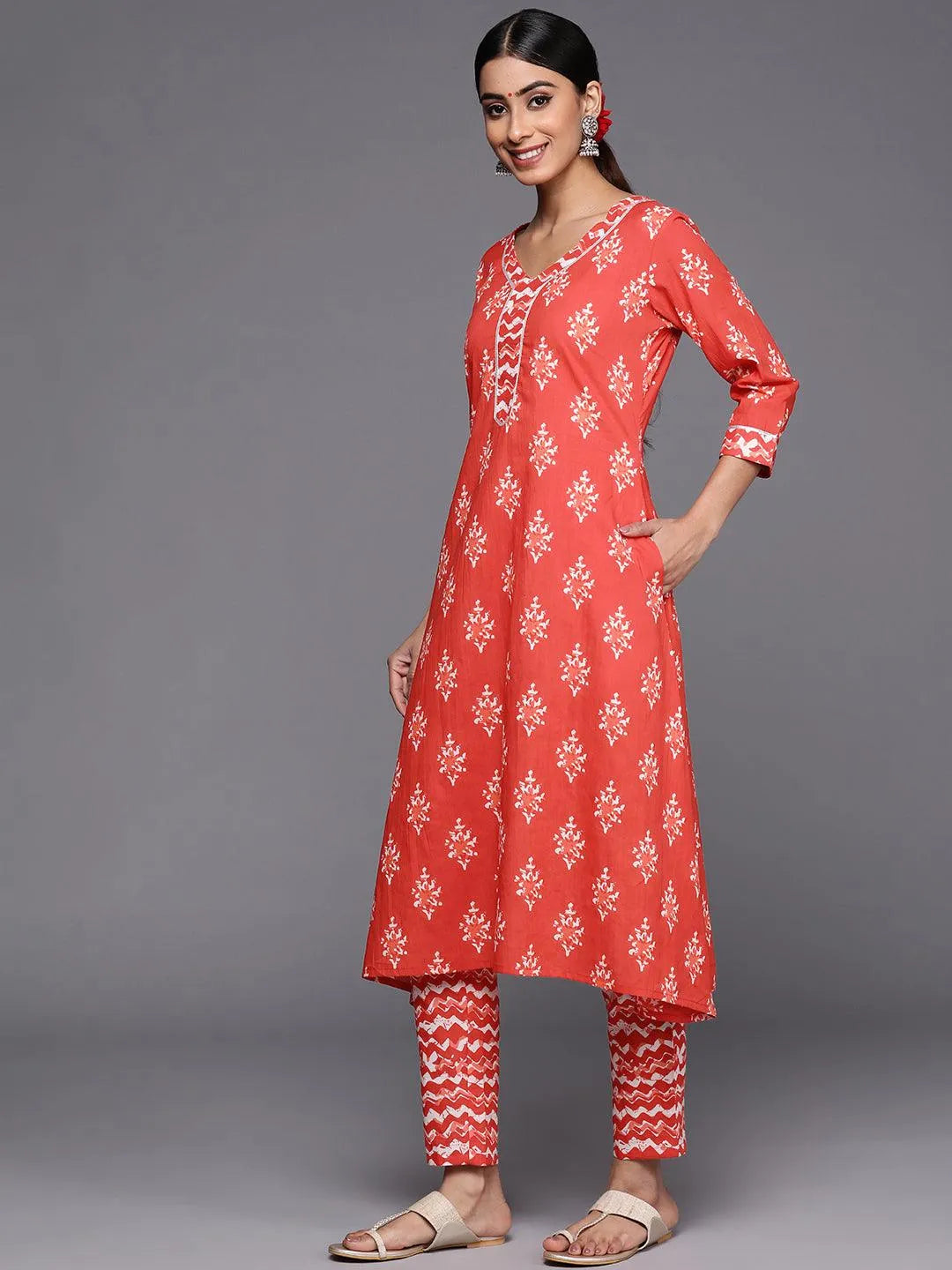 Orange Printed Cotton A-Line Kurta Set With Trousers - Libas