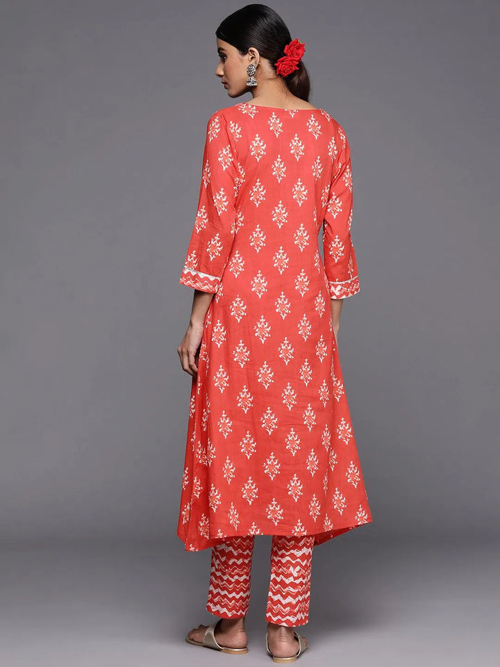 Orange Printed Cotton A-Line Kurta Set With Trousers - Libas