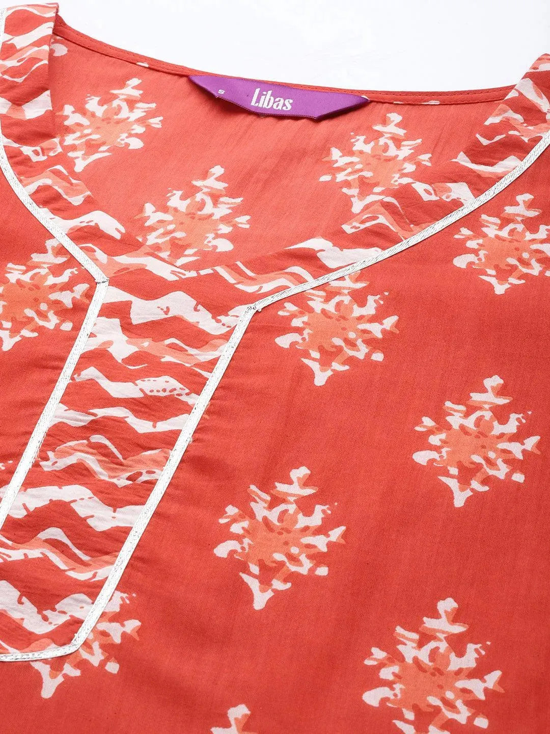 

Orange Printed Cotton A-Line Kurta With Trousers