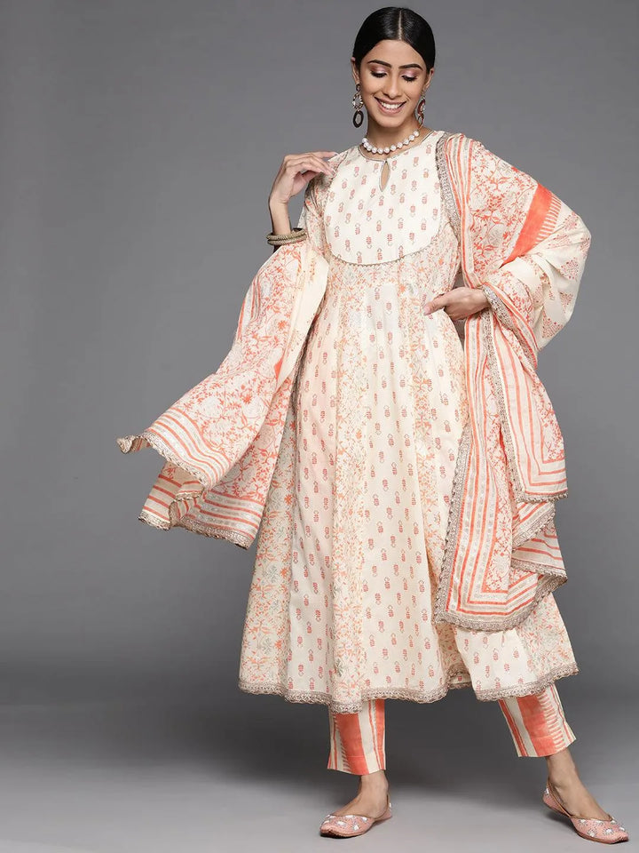 Orange Printed Cotton Suit Set - Libas