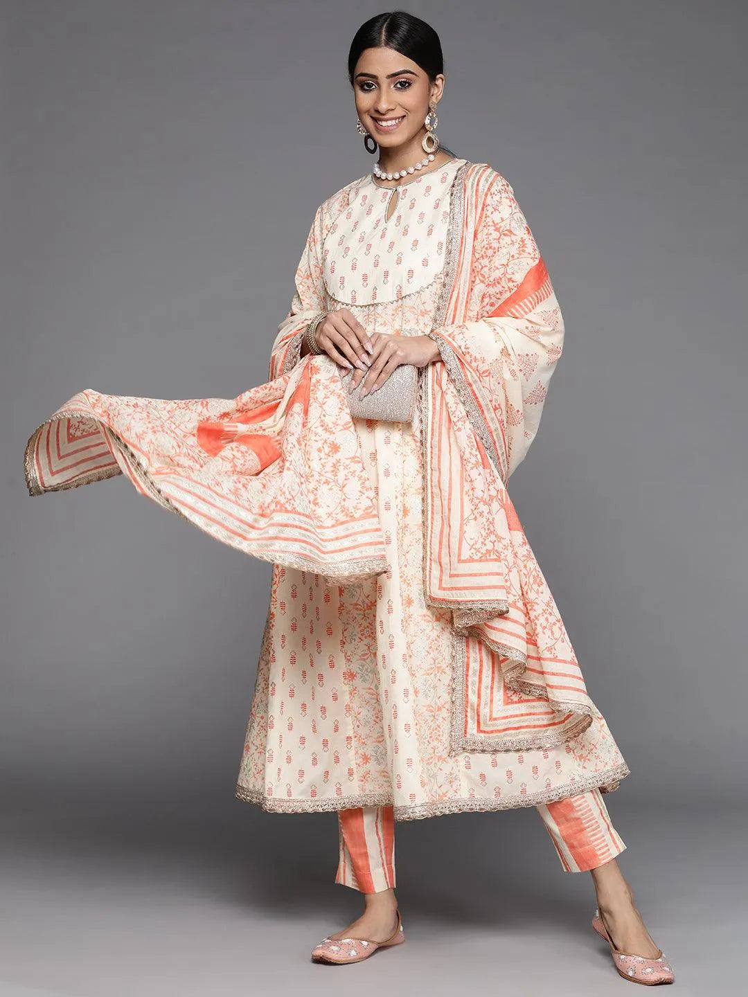 Orange Printed Cotton Suit Set - Libas