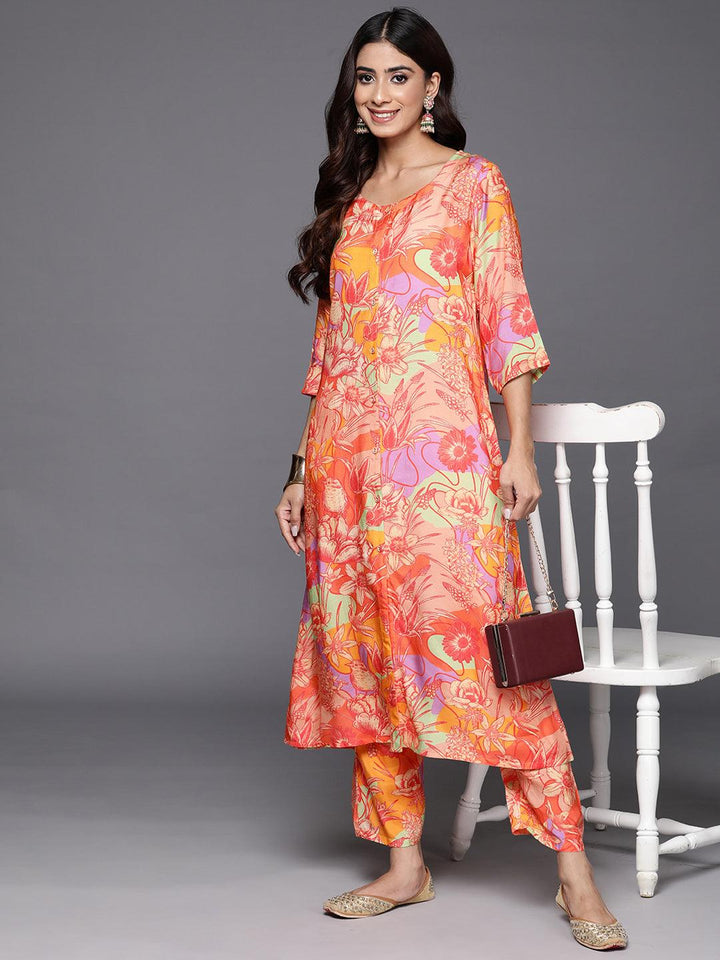 Orange Printed Cotton Blend Tunic With Palazzos - Libas