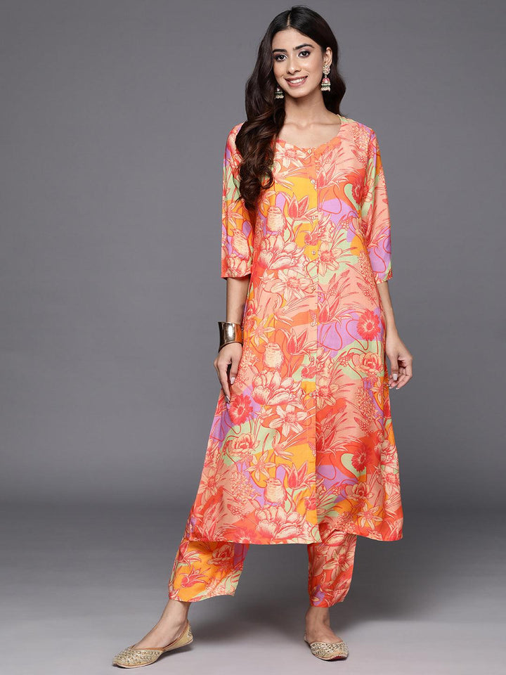 Orange Printed Cotton Blend Tunic With Palazzos - Libas