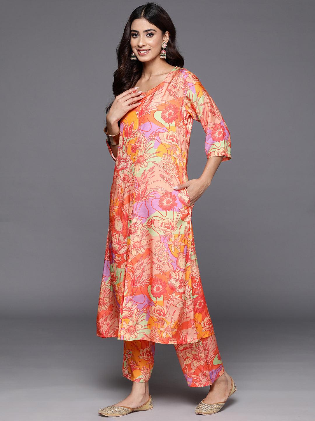 Orange Printed Cotton Blend Tunic With Palazzos - Libas