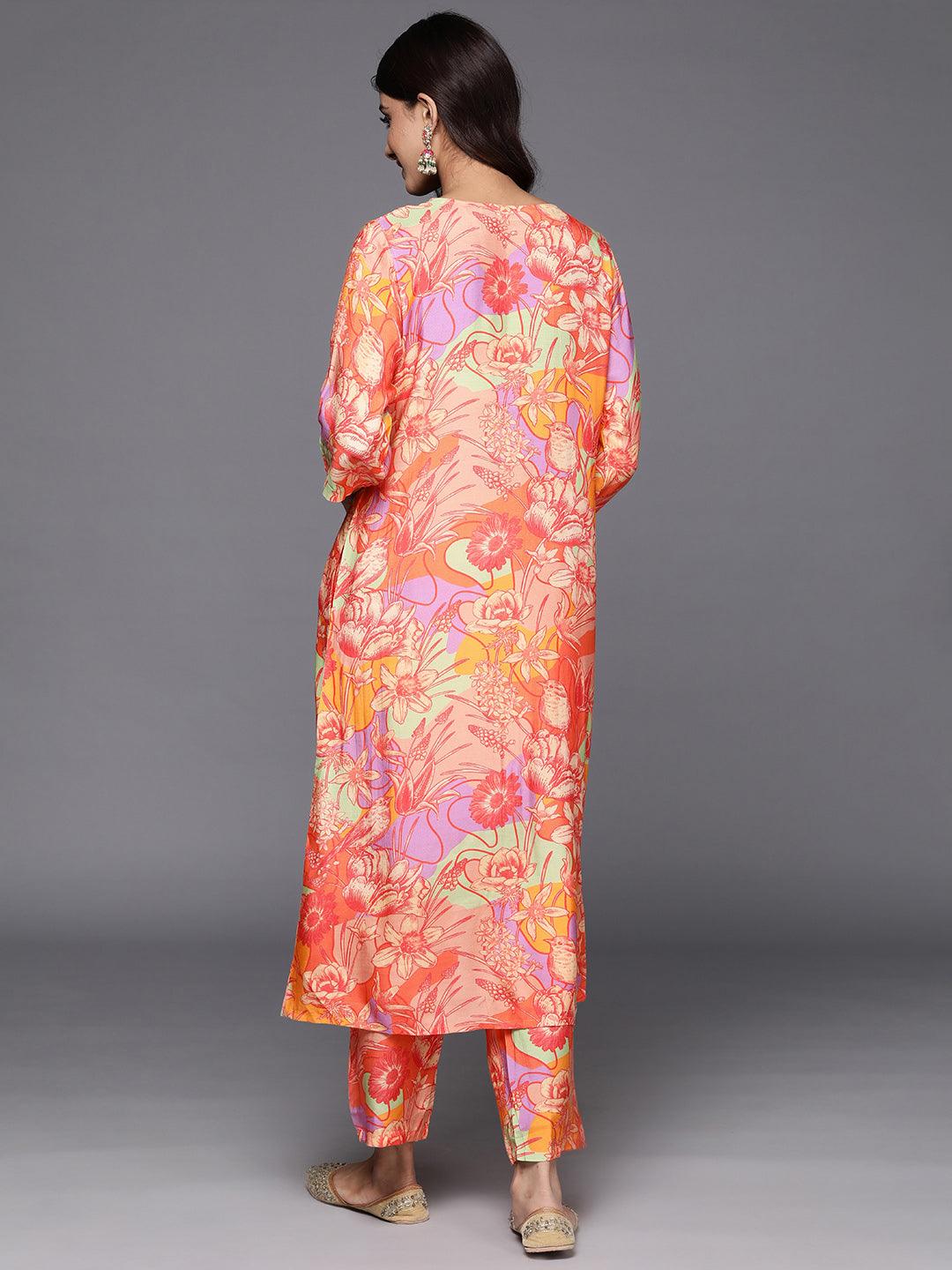 Orange Printed Cotton Blend Tunic With Palazzos - Libas