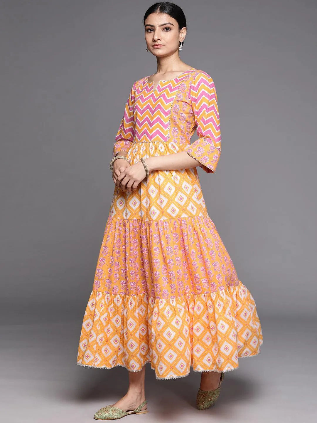 Orange Printed Cotton Dress - Libas 