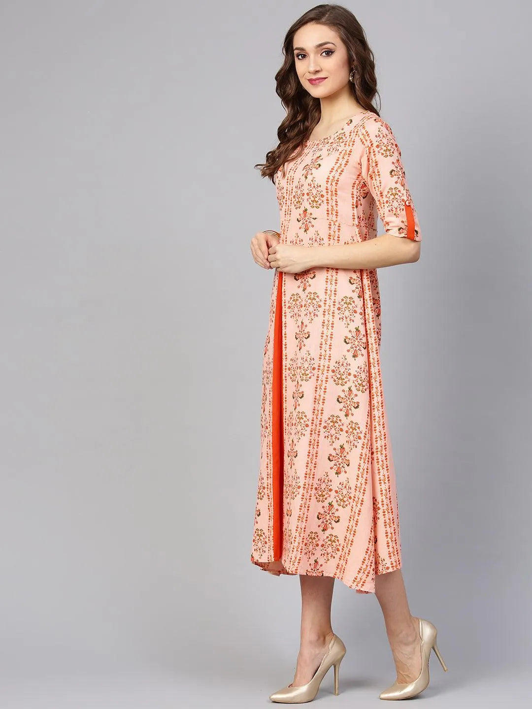 Orange Printed Cotton Dress - Libas 