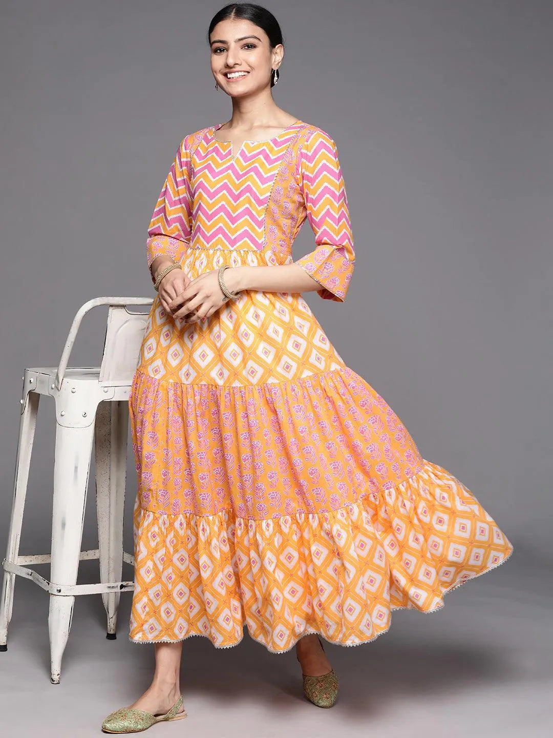 Orange Printed Cotton Dress - Libas 