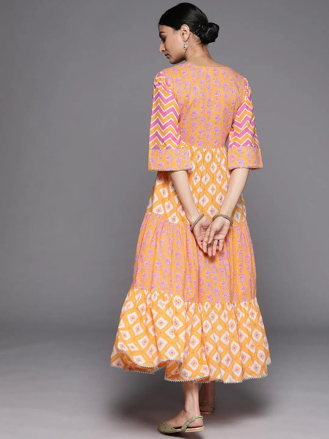 Orange Printed Cotton Dress - Libas 