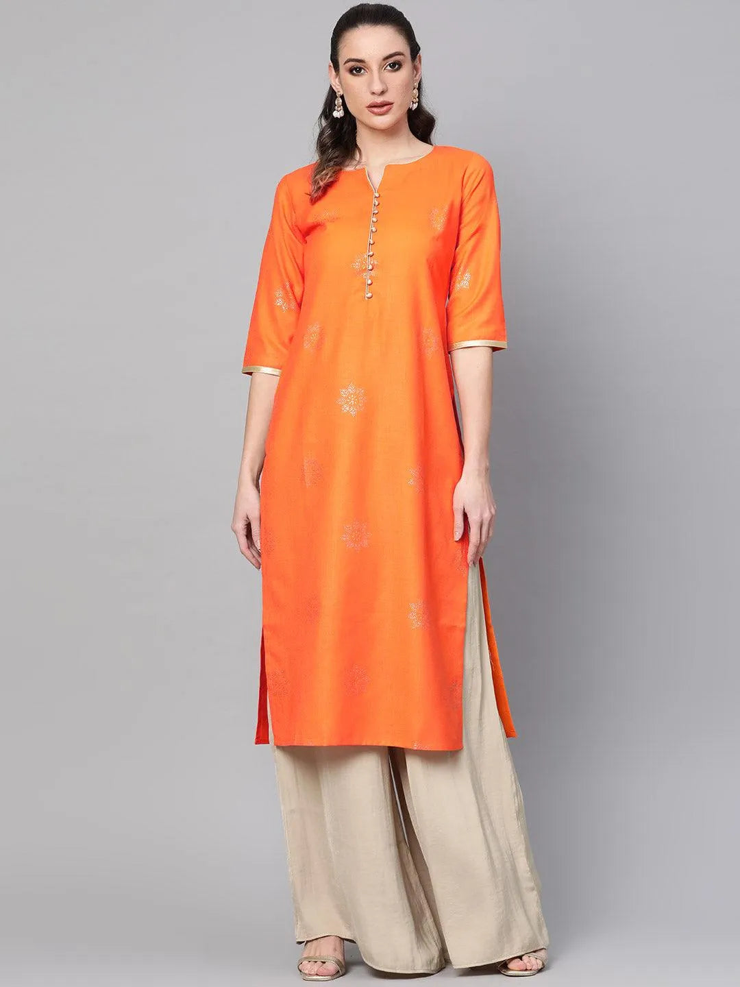 Orange Printed Cotton Kurta - Libas