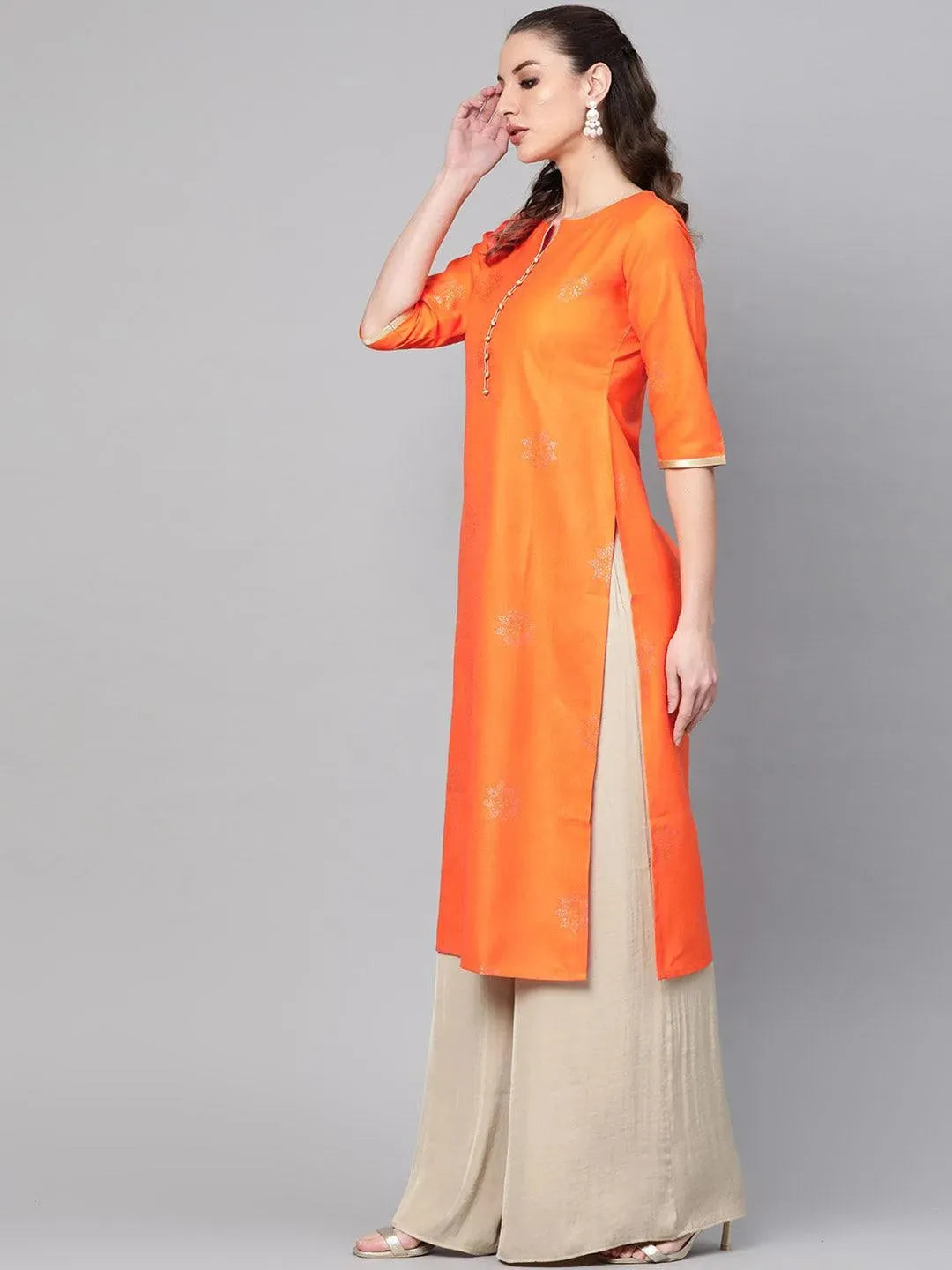 Orange Printed Cotton Kurta - Libas