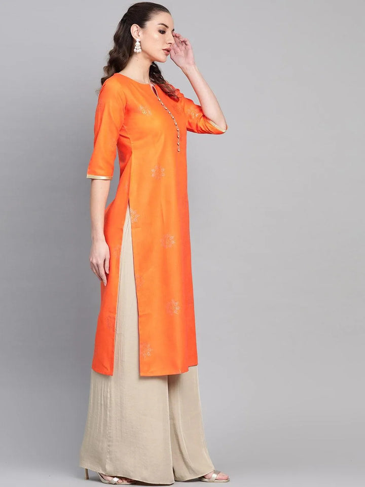 Orange Printed Cotton Kurta - Libas