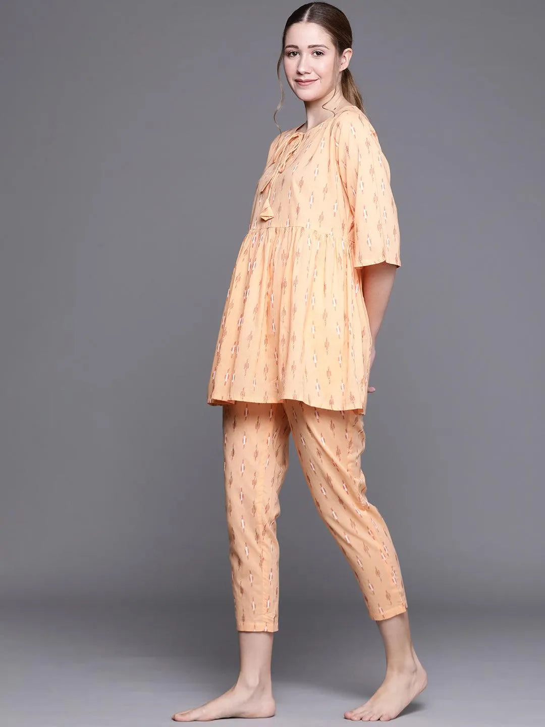 Orange Printed Cotton Night Suit - Libas 