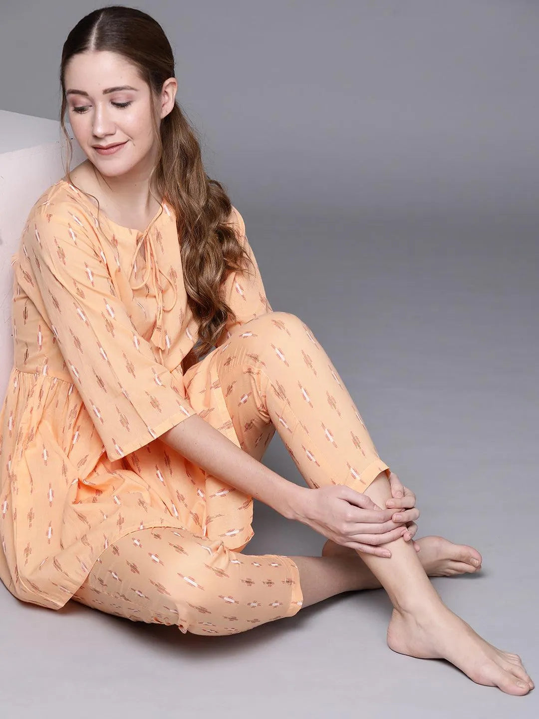 Orange Printed Cotton Night Suit - Libas