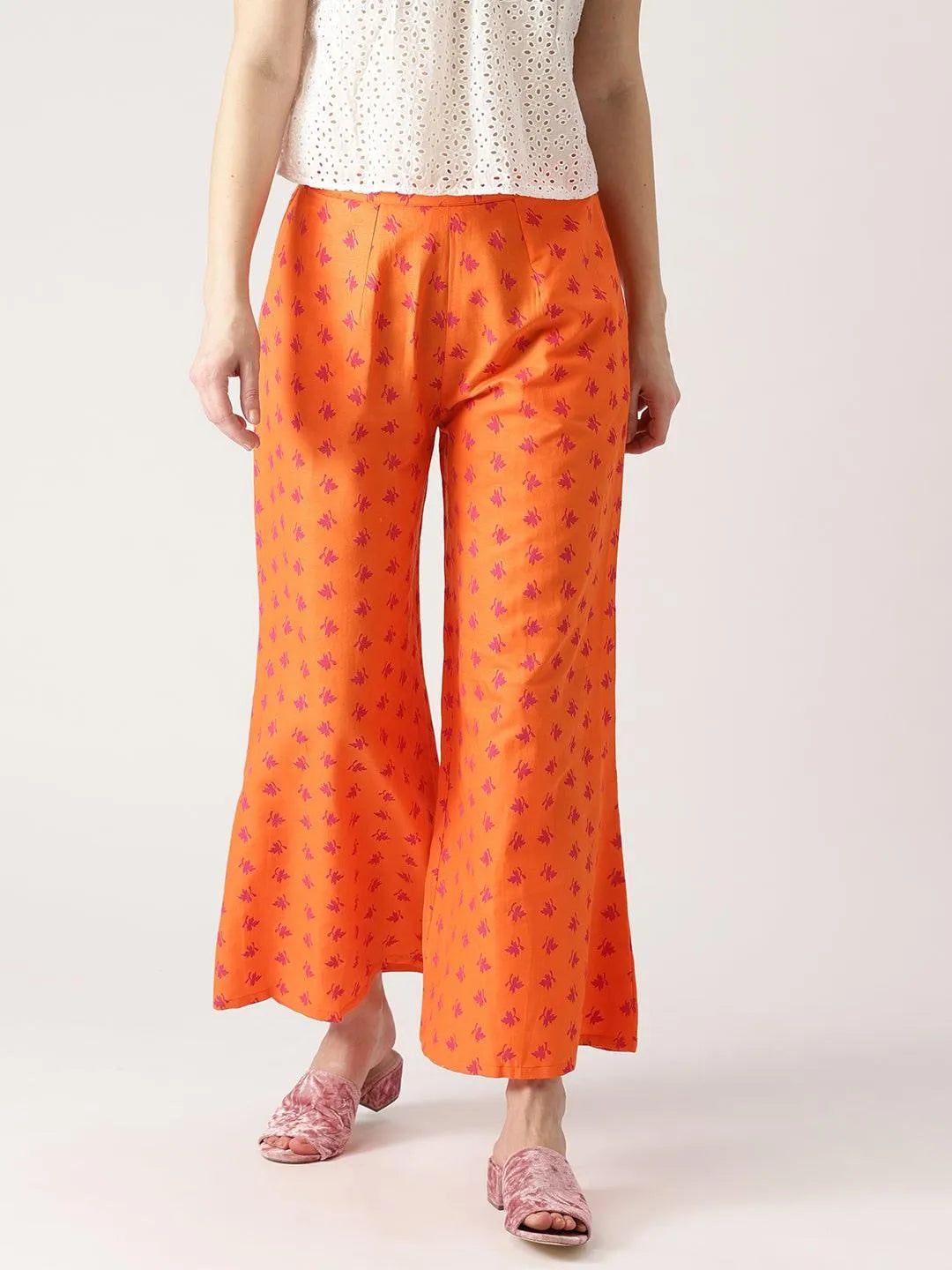 Orange Printed Cotton Palazzos - Libas 