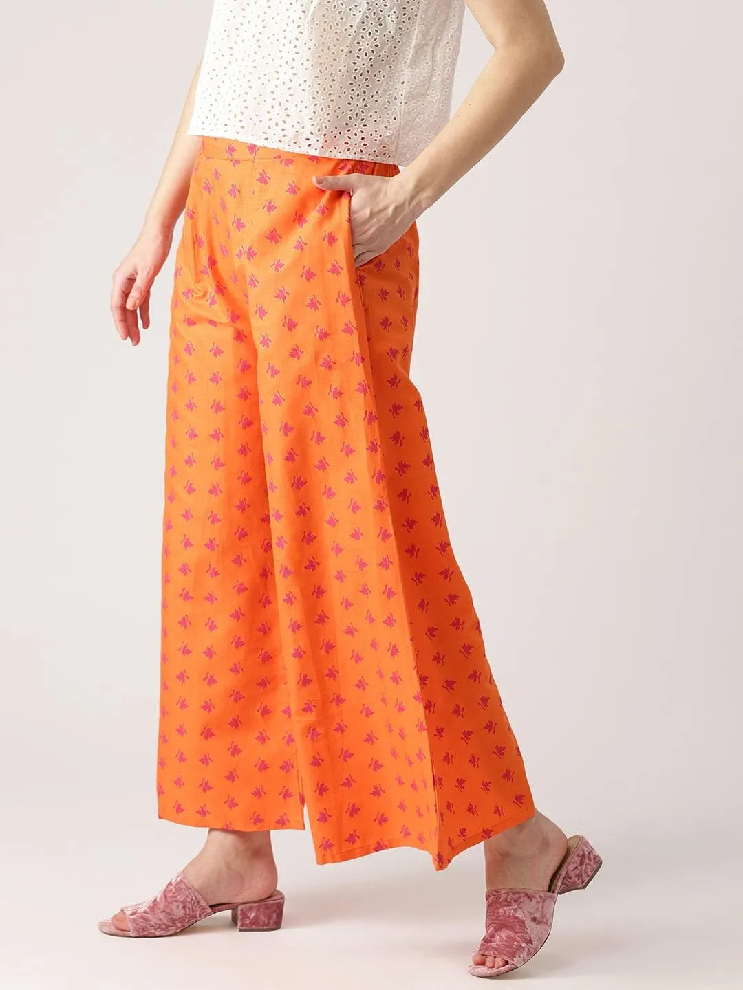 Orange Printed Cotton Palazzos - Libas 