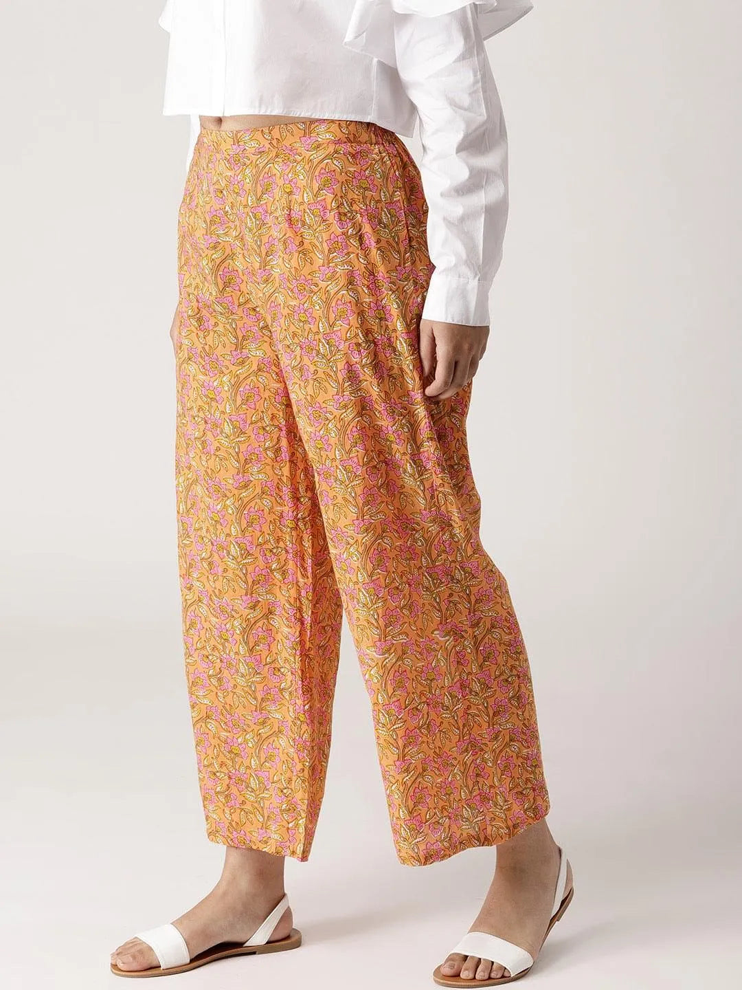 Orange Printed Cotton Palazzos - Libas 