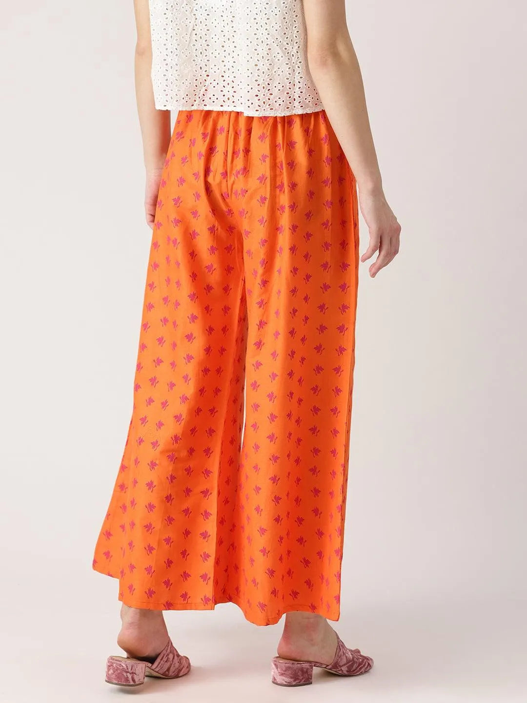 Orange Printed Cotton Palazzos - Libas 